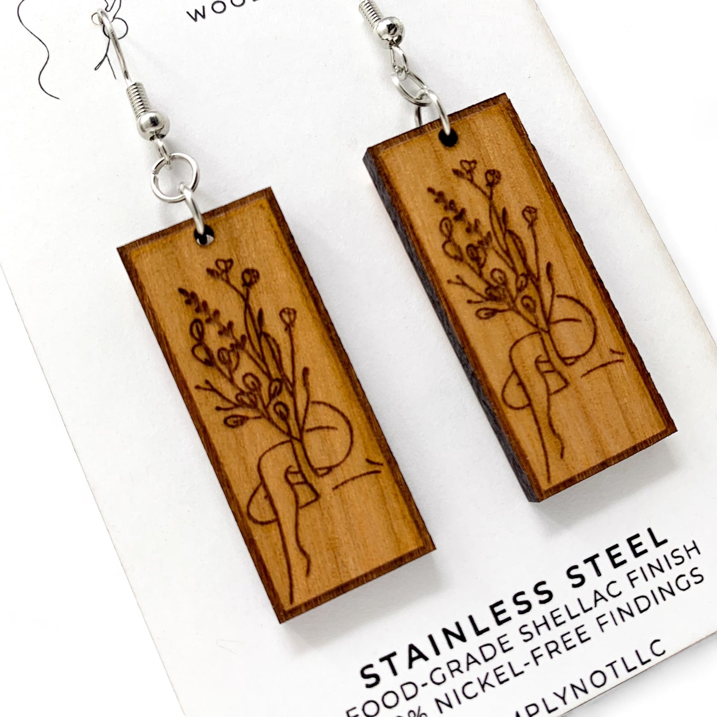 Goddess Body on Cherry Wood Dangle Earrings - Sitting