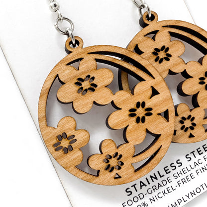 Cherry Blossoms on Cherry Wood - Dangle Earrings