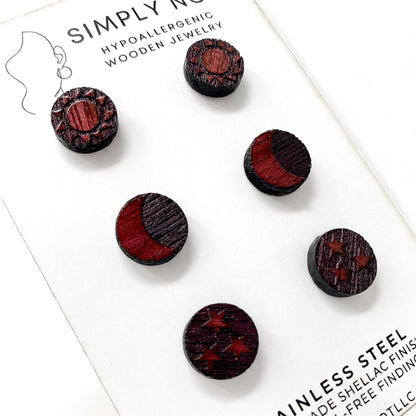 Celestial Earrings - Sun, Moon & Stars Stud Earrings in Purpleheart Wood